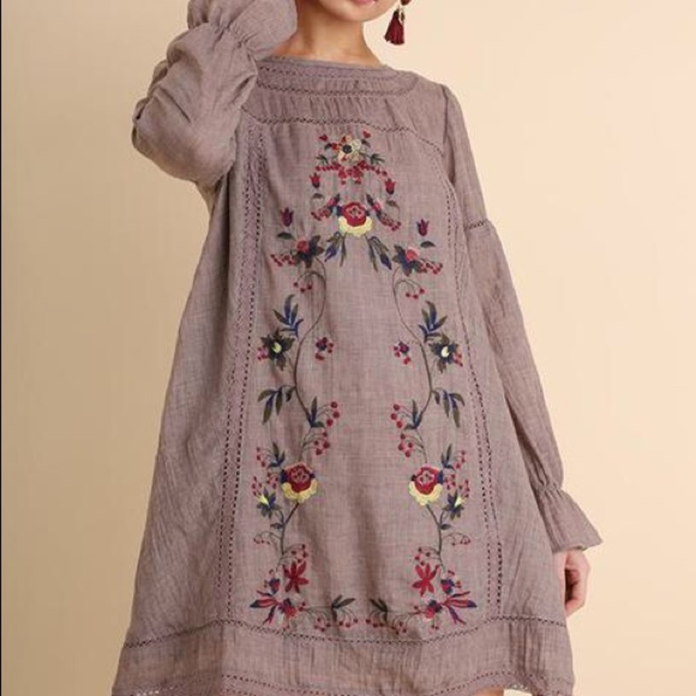 Embroidered Mocha Latte Tunic Dress NWOT